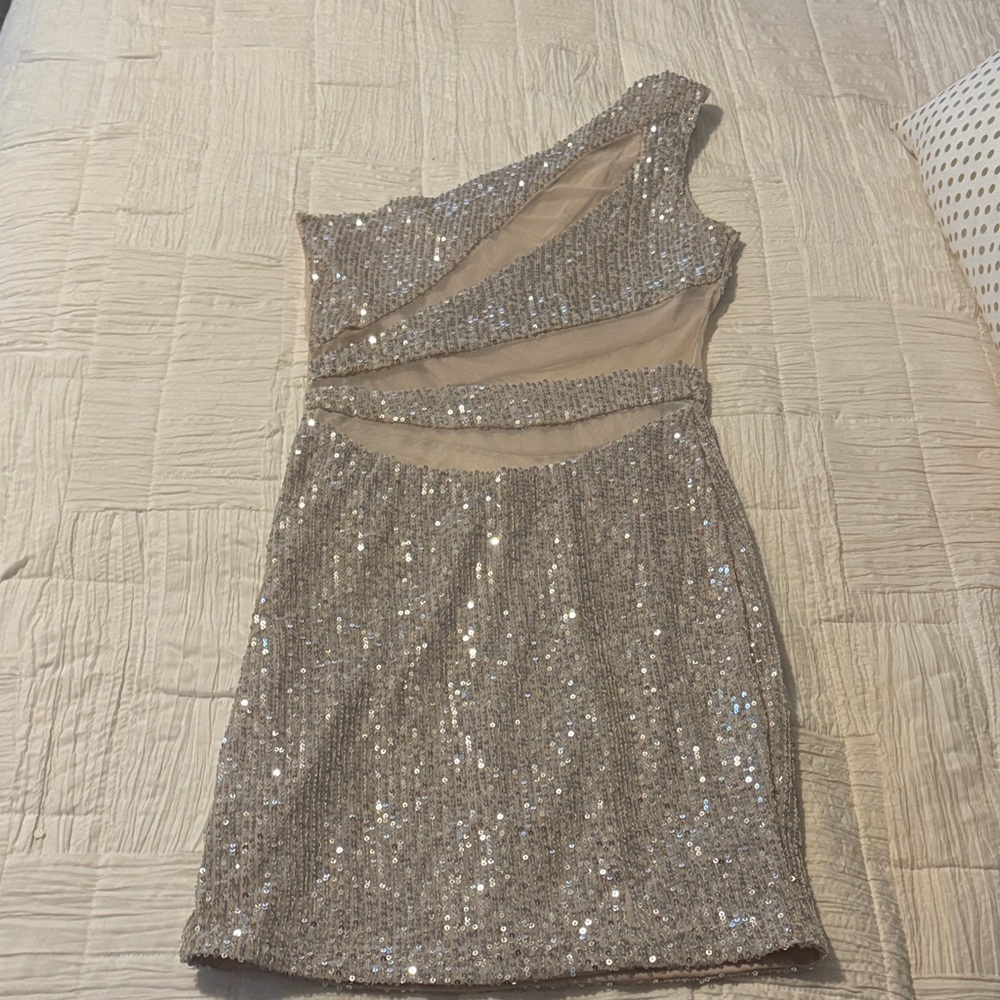 Fashion Nova One Shoulder Sequin Dress - Silver and Nude